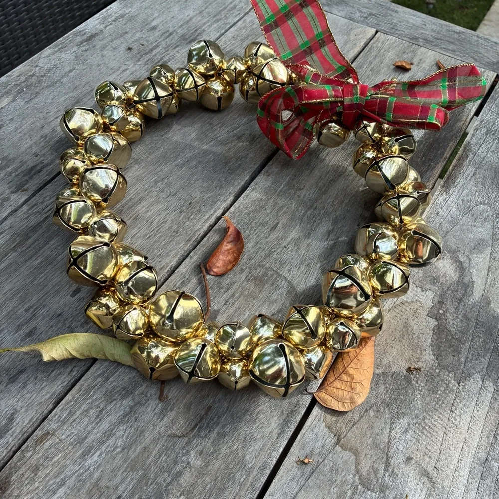 Festive Gold Bell Wreath with Red Plaid Ribbon